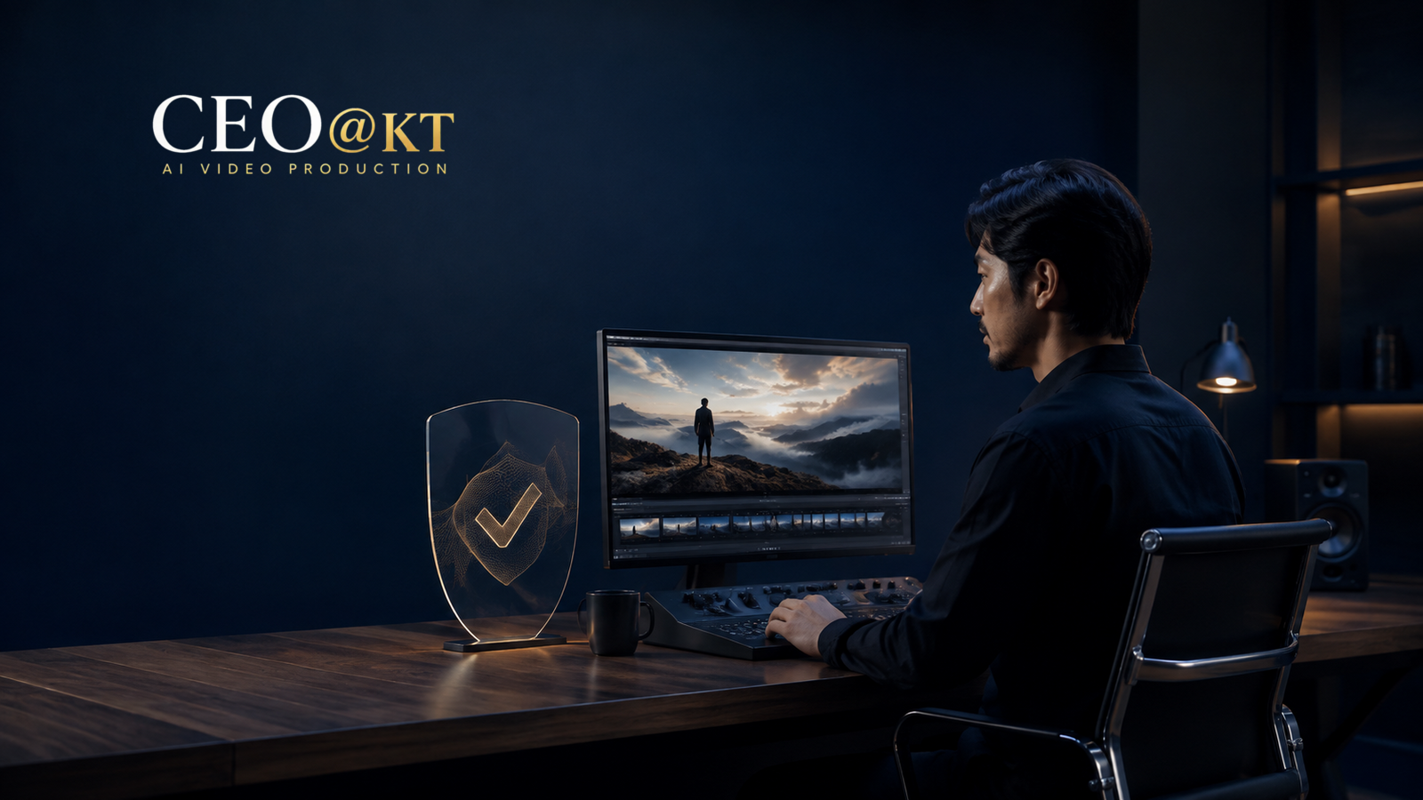 ผู้สร้าง AI Video ตรวจสอบงานบนหน้าจอพร้อมสัญลักษณ์โล่โปร่งใสในสตูดิโอโทนน้ำเงินเข้มและทองของ CEO@KT